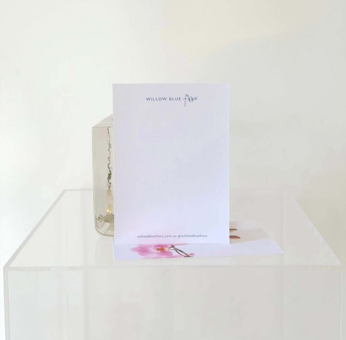 Gift Card Add-On - Orchid design featuring 'Willow Blue' floral stationery on a display.