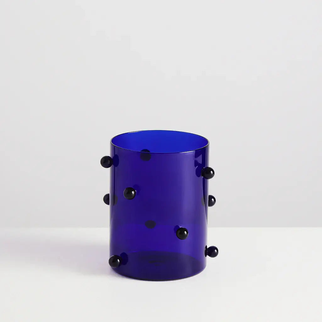 Maison Balzac Pomponette Vase | Indigo with black accents, showcasing deep blue borosilicate glass design.