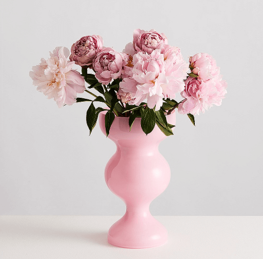 Maison Balzac Gaspard Vase | Pink holding a bouquet of pink peonies in a soft, elegant setting.